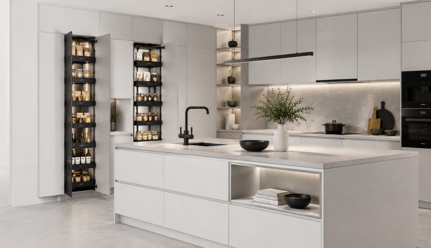 A modern kitchen fitted with ELKY Matte Black Series tall-unit pull-out pantry systems